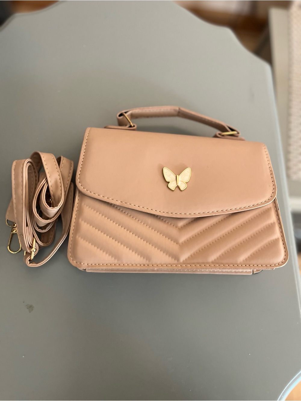 Nude Butterfly Accent Top-Handle Satchel with Detachable Strap